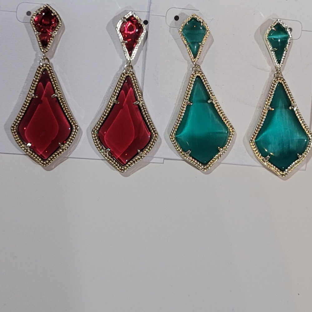 2 NWT Pairs Kendra Scott Earrings Emerald & Red 14k Gold plated over brass